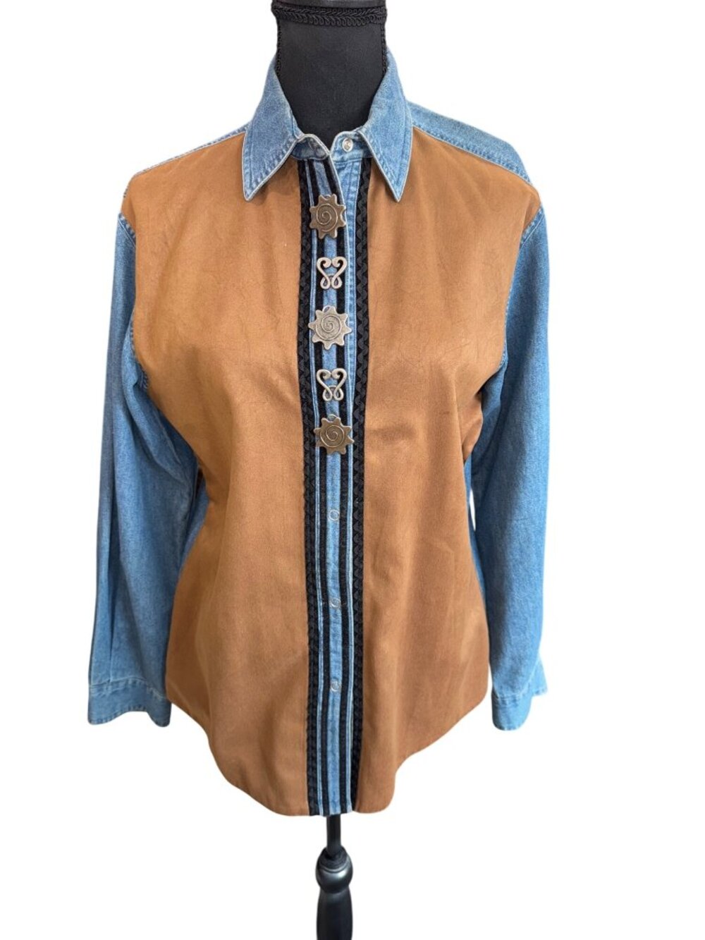 Western Wrangler Denim Suede Button-Up Shirt Silver Accents Womens S Cowgirl